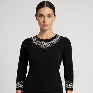 1990s Cedars Black Jeweled Gem Embellished Sweater NWT Glam Fitted Retro Knit